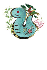 年賀状2025　土鈴　巳年　巳　蛇　へび　墨絵　水墨画　水彩　テンプレート　イラスト