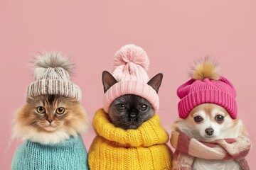 Fototapeta premium Cute cats wearing hats and scarves on pink background, closeup
