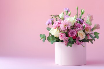 Obraz premium Beautiful bouquet of flowers in a gift box on a pink background
