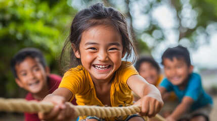 Asian children playing tug-of-war
