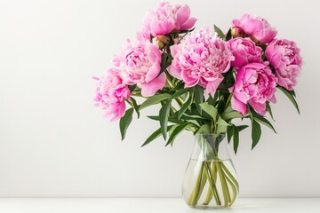 Fototapeta premium Bouquet of pink peonies in a glass vase on a white background