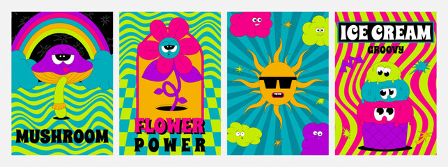 Psychedelic vertical posters set with funky characters. Retro trendy mushroom, flower, sun and ice cream in groovy style. Flat vector elements of bright colors
