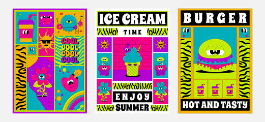 Psychedelic vertical posters set with funky characters. Retro trendy ice cream, burger, flower and more in groovy style. Flat vector elements in acid colors.