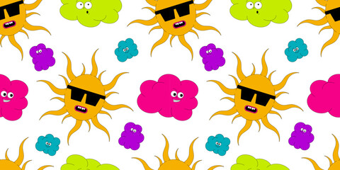 Obraz premium Psychedelic seamless pattern with characters in groovy style. The sun with sunglasses and clouds with funny faces. Retro vector elements in acid colors on white background