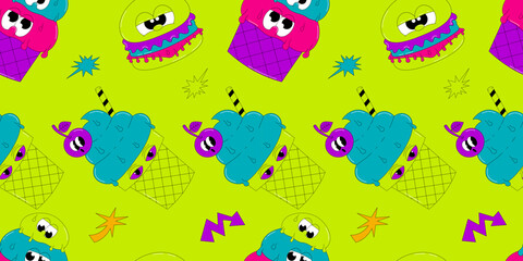 Psychedelic seamless pattern with characters in groovy style. The burger, ice cream and other elements. Retro vector ornement in acid colors on green background