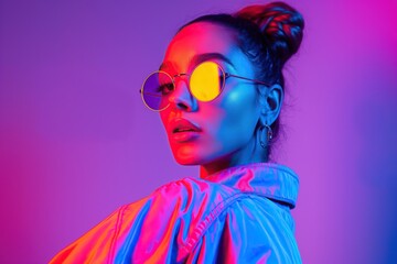 Fototapeta premium Close-up portrait of a beautiful woman in neon light. Studio shot.