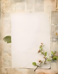 Vintage Scrapbook Torn Paper, decorated with retro flower and ripped newspaper in background, in Old and antique style