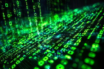 Fototapeta premium Green Dark Binary Code with Data Streaming Background created with Generative AI