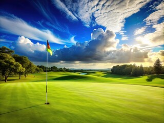 Serene landscape of a manicured green golf course with flagstick standing tall, casting a shadow, under a clear blue sky with fluffy white clouds.