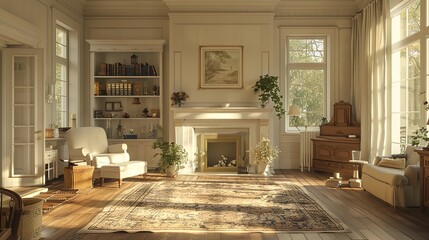 Fototapeta premium Interior design of Scandinavian living room with fireplace and gray sofa