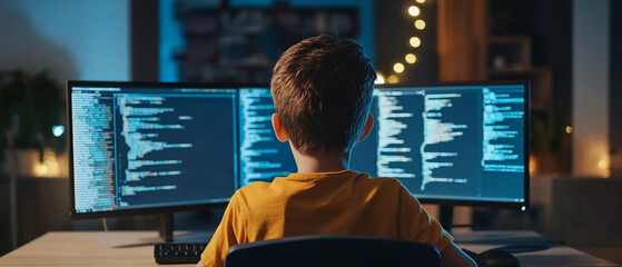 Boy with dual monitors coding These tools leverage large language models and machine learning to analyze and suggest code