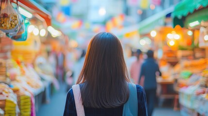 Obraz premium Close-up of a woman walking, with the Japanese street food market in the background, featuring a blur of colorful stalls and vendors.