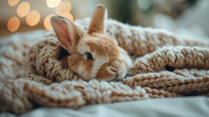 Plakat A cute brown bunny snuggled in a fluffy blanket with warm, soft lighting.