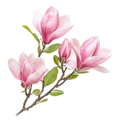 Naklejka premium Close up of pink spring magnolia flowers and leaves on an isolated white background