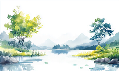 Delicate Watercolor Spring Landscape with Abundant White Space, Ideal for Design Projects. Serene Nature Scene Capturing the Essence of Spring's Rebirth and Renewal.