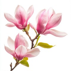Close up of pink spring magnolia flowers and leaves on an isolated white background