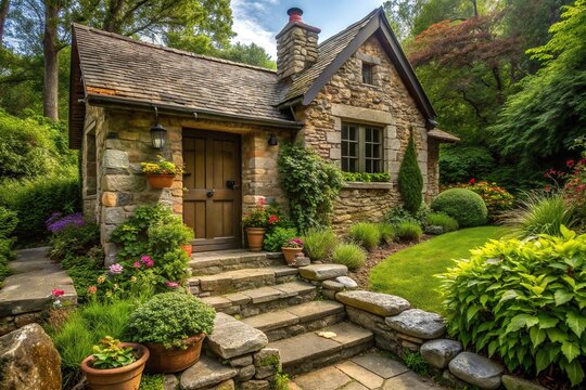 Serenely nestled among lush greenery, a tranquil stone stoop leads to a charming rustic cottage, evoking feelings of warmth and cozy seclusion.