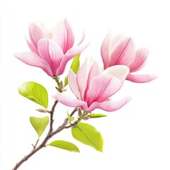 Close up of pink spring magnolia flowers and leaves on an isolated white background