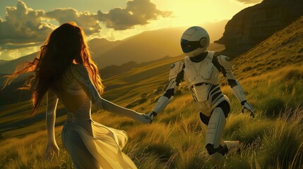 A futuristic love story between a human and a robot, set in a serene natural landscape during sunset