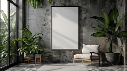 A large white framed picture hangs on a wall in a room with a couch