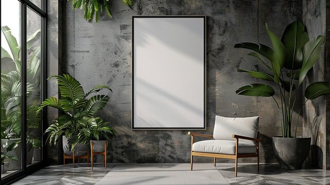 A large white framed picture hangs on a wall in a room with a couch - Powered by Adobe