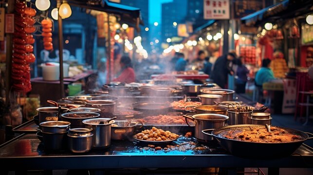 A bustling street market showcasing a table filled with various pots and pans.