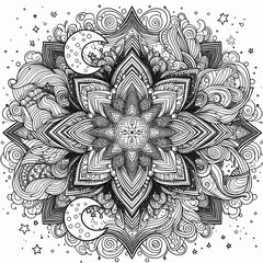 A large, detailed mandala with dreamlike patterns, featuring stars vector