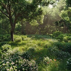 Lush Greenery and Wildflowers in a Sunlit Forest Clearing