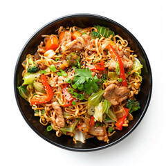 a bowl of noodles with meat and vegetables