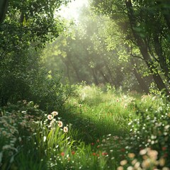 Obraz premium Lush Greenery and Wildflowers in a Sunlit Forest Clearing