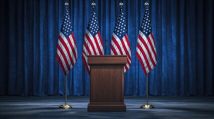 Election speech podium: A podium adorned with American flags, ready for a presidential speech. The setting evokes a sense of patriotism and formality.