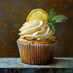 A beautifully decorated cupcake topped with cream, a lemon slice, and a mint leaf.