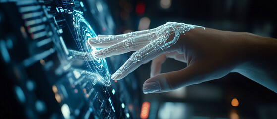 Closeup hand using computer advancing AI capabilities artificial intelligence