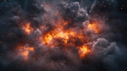 Obraz premium Explosion and dust clouds: Particles from a fiery explosion flying amidst dark smoke clouds, illustrating the intensity and chaos of a violent blast, with space for text.