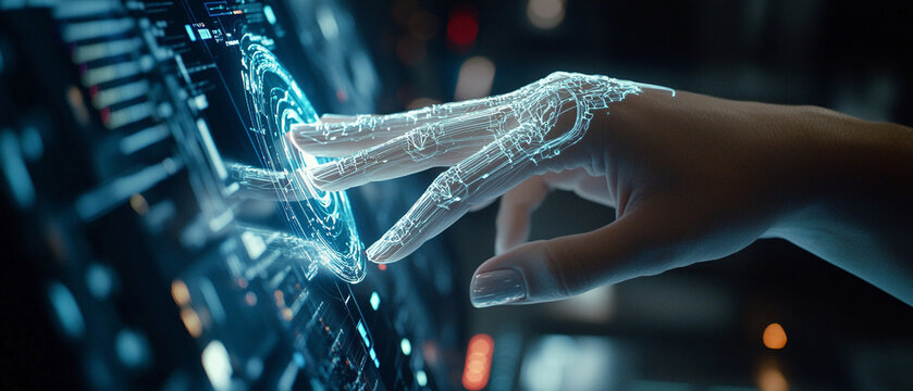 Closeup hand using computer advancing AI capabilities artificial intelligence