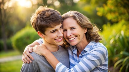 Fototapeta premium Smiling mother with her teenage son embracing and laughing together outdoors, capturing a tender and joyful moment of their loving relationship.