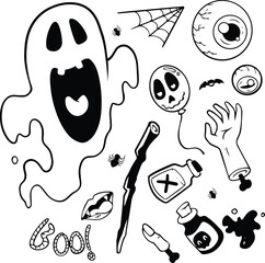 Print Halloween doodle illustration. Halloween set of elements, ghost, pumpkin and bat. Vector is cute illustration in hand drawn style