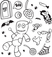 Print Halloween doodle illustration. Halloween set of elements, ghost, pumpkin and bat. Vector is cute illustration in hand drawn style