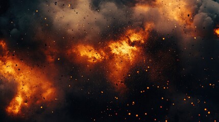 Explosion and dust clouds: Particles from a fiery explosion flying amidst dark smoke clouds, illustrating the intensity and chaos of a violent blast, with space for text.