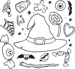 Print Halloween doodle illustration. Halloween set of elements, ghost, pumpkin and bat. Vector is cute illustration in hand drawn style