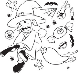 Print Halloween doodle illustration. Halloween set of elements, ghost, pumpkin and bat. Vector is cute illustration in hand drawn style