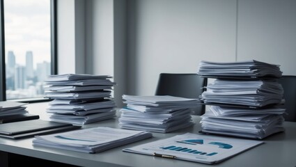 Cluttered office workspace with stacks of papers and statistical charts, symbolizing productivity and analysis in a corporate environment