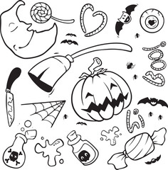 Print Halloween doodle illustration. Halloween set of elements, ghost, pumpkin and bat. Vector is cute illustration in hand drawn style