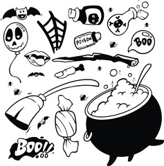 Print Halloween doodle illustration. Halloween set of elements, ghost, pumpkin and bat. Vector is cute illustration in hand drawn style