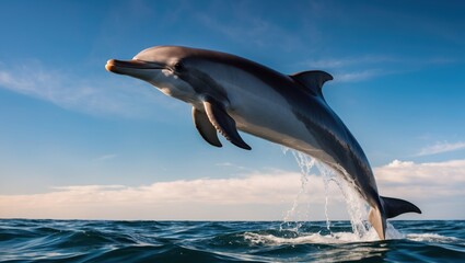 Fototapeta premium Dolphin leaps joyfully from ocean waters against a serene sky, capturing freedom and beauty in a vibrant coastal environment
