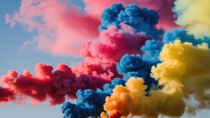 Fototapeta premium Vibrant clouds of pink, blue, and yellow fill the sky, creating an artistic and surreal atmosphere, perfect for creative inspiration and festival themes