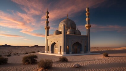 Stunning mosque in desert landscape under vibrant sunset, symbolizing spirituality and cultural heritage, ideal for travel and architectural exploration