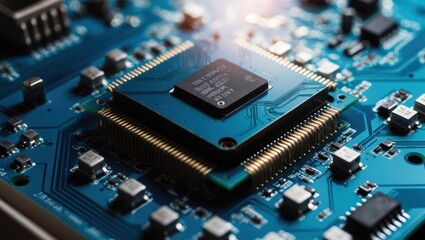 Fototapeta premium Close up view of a microchip on a circuit board showing intricate details, representing advancements in technology and electronics engineering