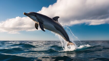 Naklejka premium Dolphin gracefully leaps above surface of ocean waters, showcasing beauty and energy of marine life against a stunning blue sky