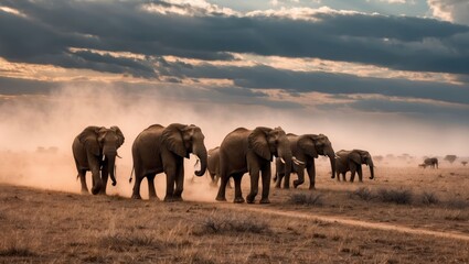 Fototapeta premium Herd of elephants walking through dusty savanna landscape, showcasing majestic wildlife in natural habitat during sunset with dramatic atmosphere